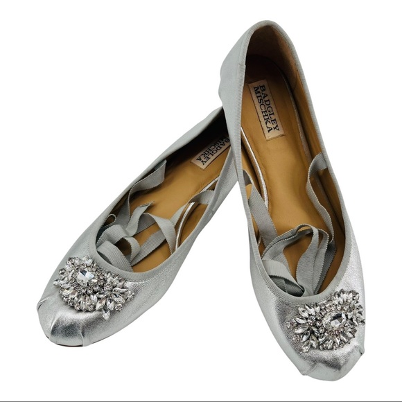 Badgley Mischka Shoes - BADGLEY MISCHKA Jeweled Rhinestone Brooch Ribbon Lace Up Silver Ballet Flats 9